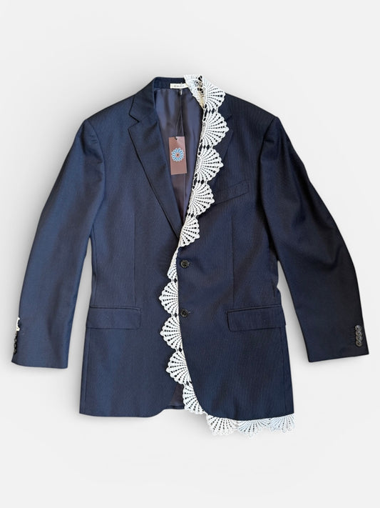 REWORK donkerblauw, gestreepte blazer met kant