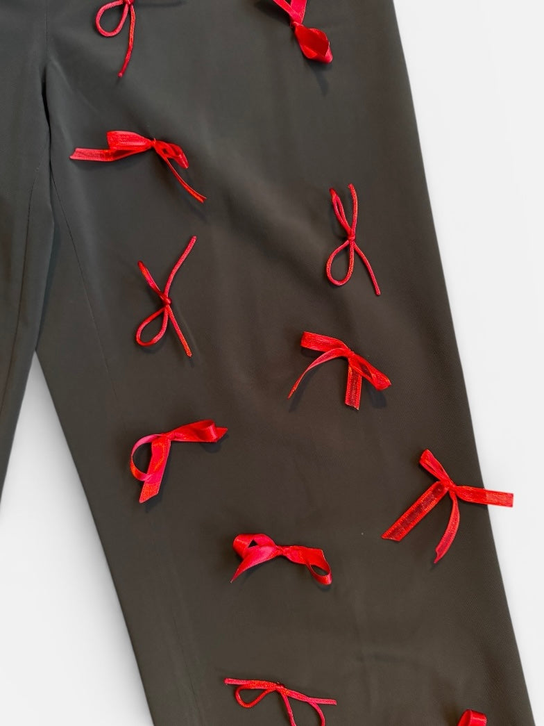 REWORK bruine pantalon met rode strikjes