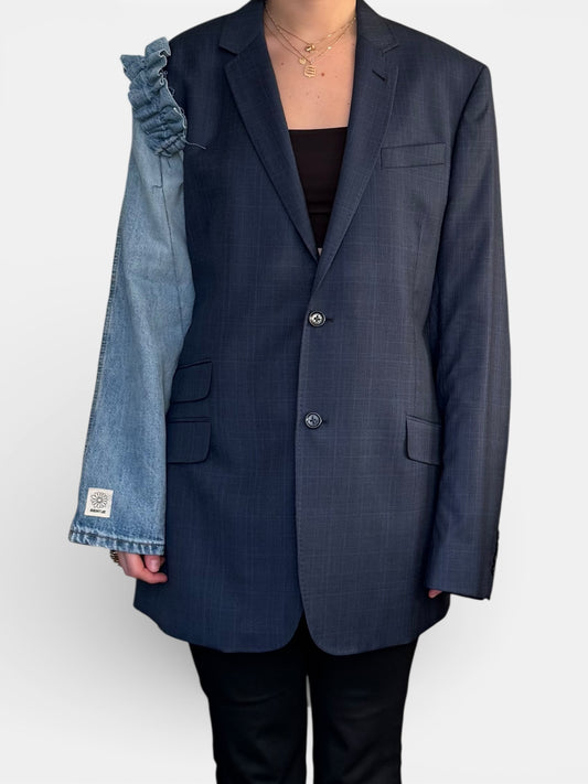 REWORK geruitte, blauwe blazer met spijkermouw