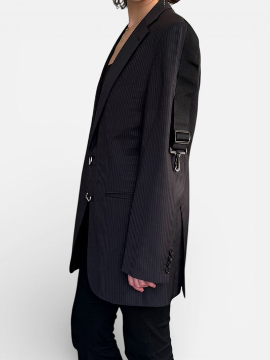 REWORK zwarte, gestreepte blazer met gespen en band