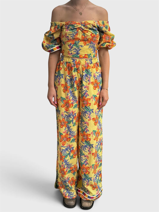 REWORK gele broek met elastiek en bloemenprint