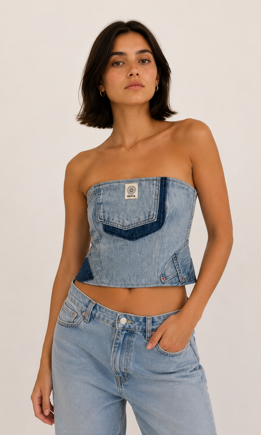 REWORK denim corsettop met fluor corsetsluiting