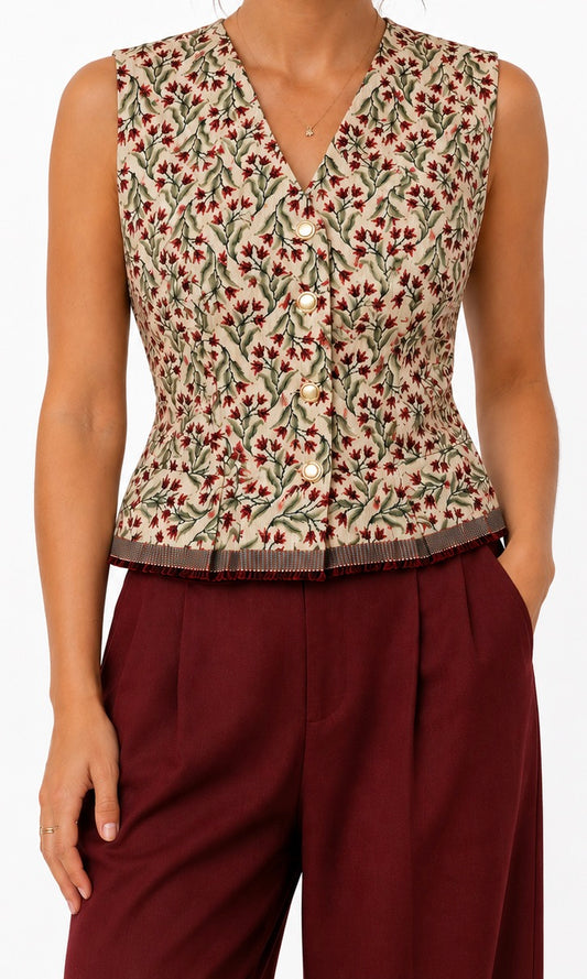 Gilet in tulp/rozen print met tailleband en plooitjes