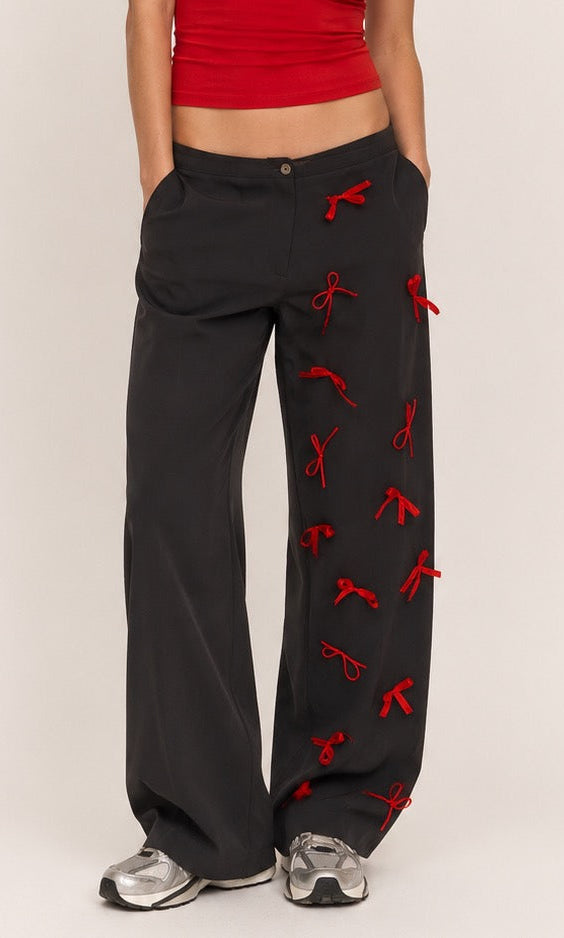 REWORK bruine pantalon met rode strikjes