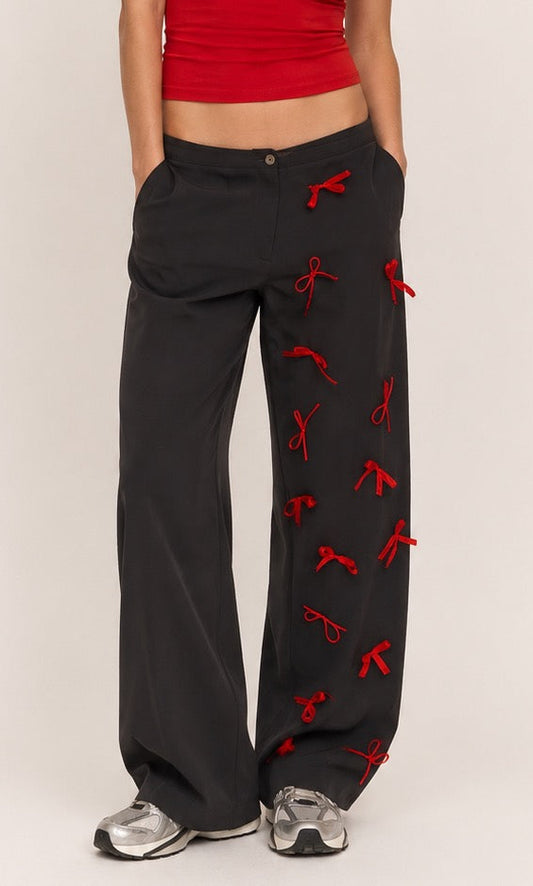 REWORK bruine pantalon met rode strikjes