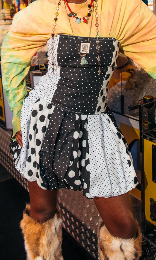 Reversible corset in stippenstof en denim