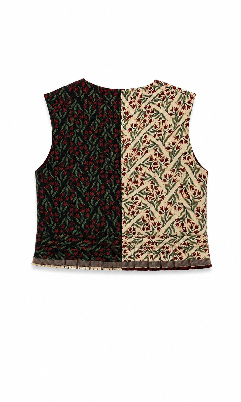 Gilet in tulp/rozen print, half donker half licht met tailleband en plooitjes