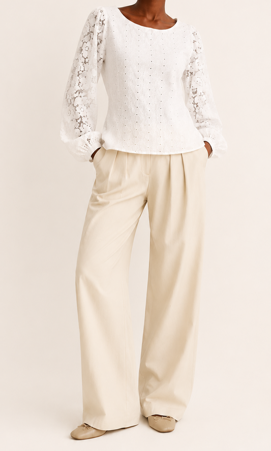 REWORK witte blouse met kanten mouwen