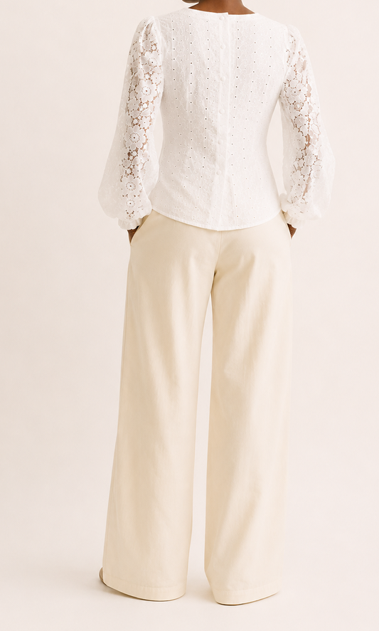 REWORK witte blouse met kanten mouwen