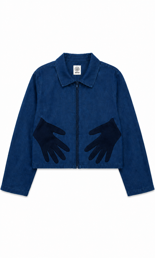 Denim gevoerde jas kort met handen als zakken