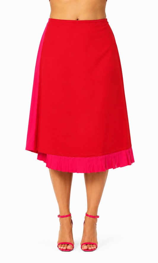 Gevoerde rok met plooien roze en rood