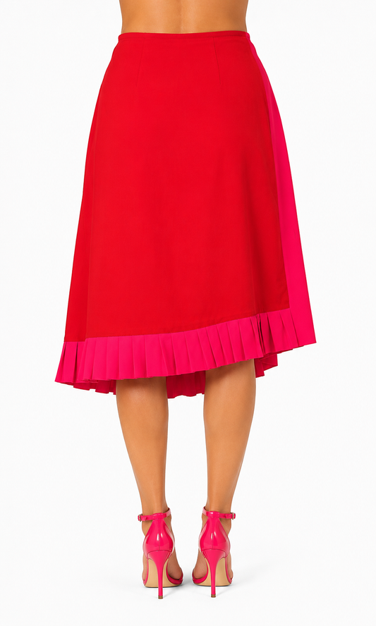 Gevoerde rok met plooien roze en rood
