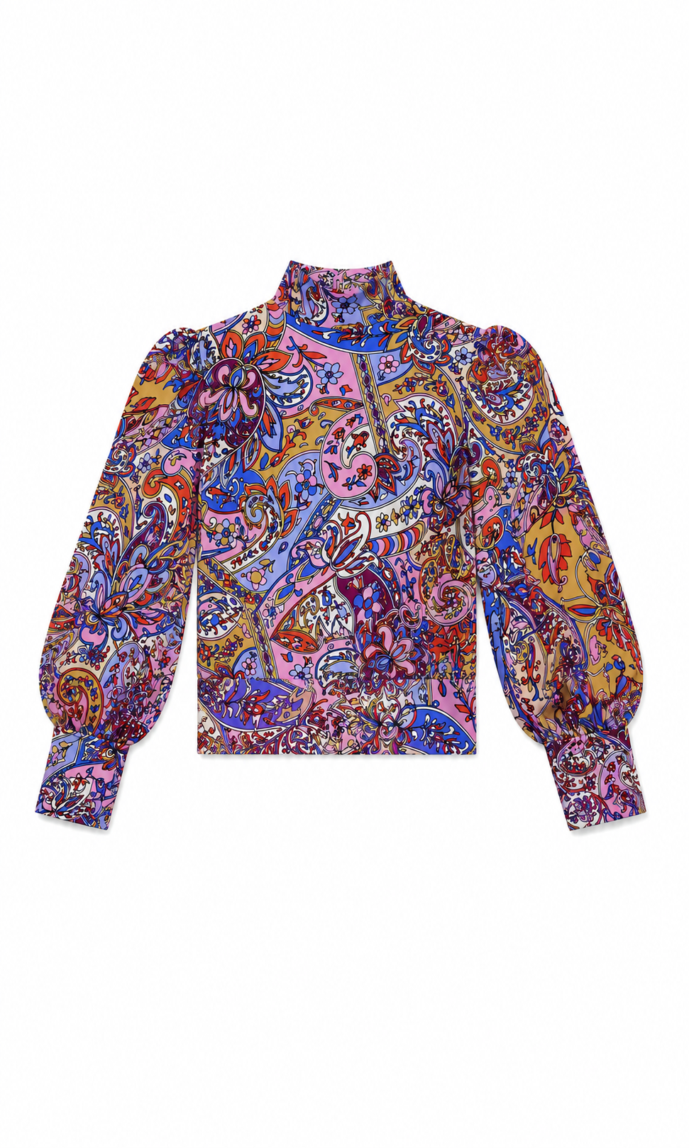 Top in paarse bloemenprint met hoge nek sluiting en pofmouwen met manchetten