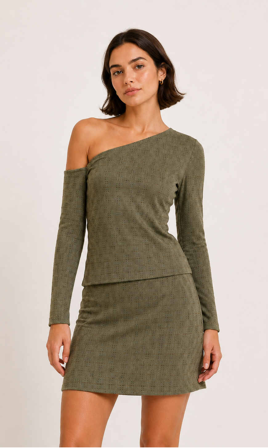Asymmetrische off-shoulder stretchtop mosgroen