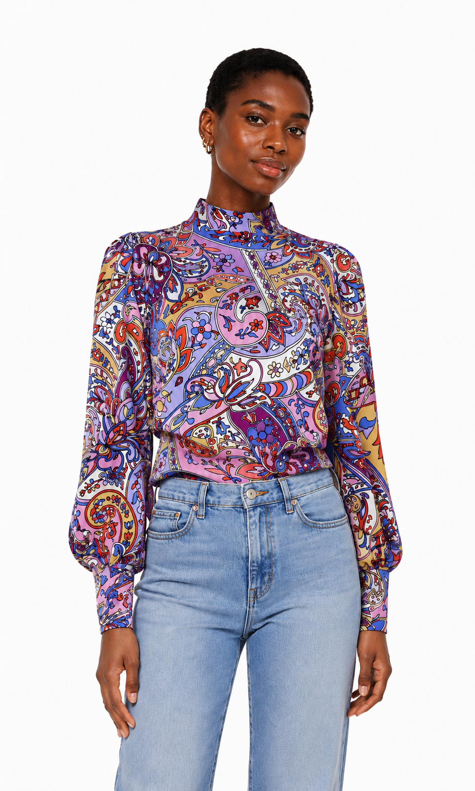 Top in paarse bloemenprint met hoge nek sluiting en pofmouwen met manchetten