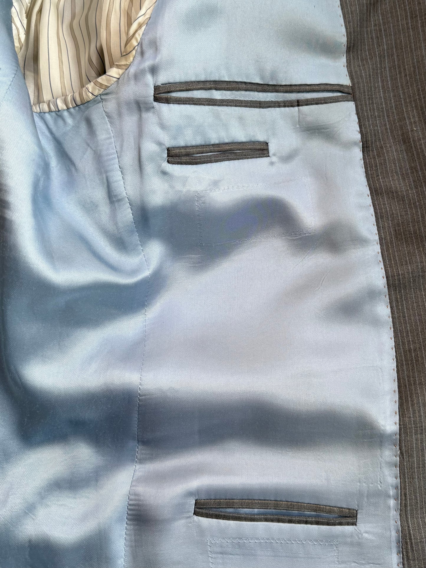 REWORK grijze, gestreepte blazer met franje