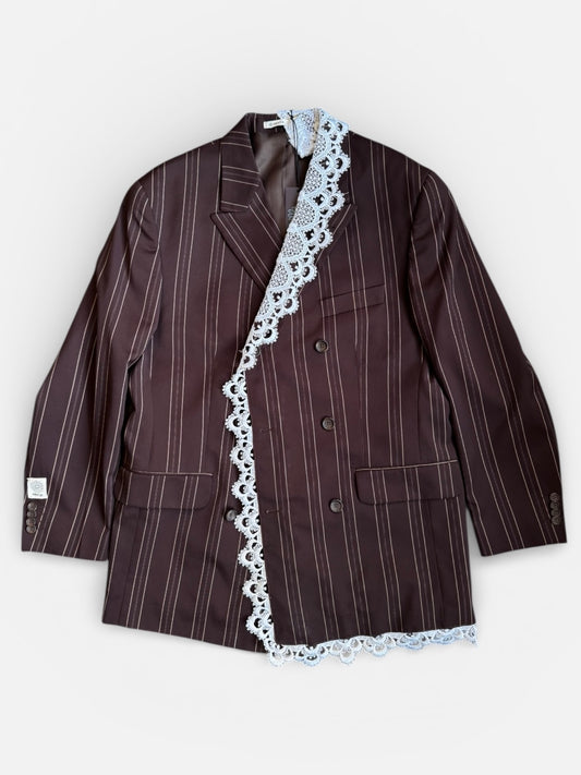 REWORK bruin, gestreepte double breasted blazer met kant