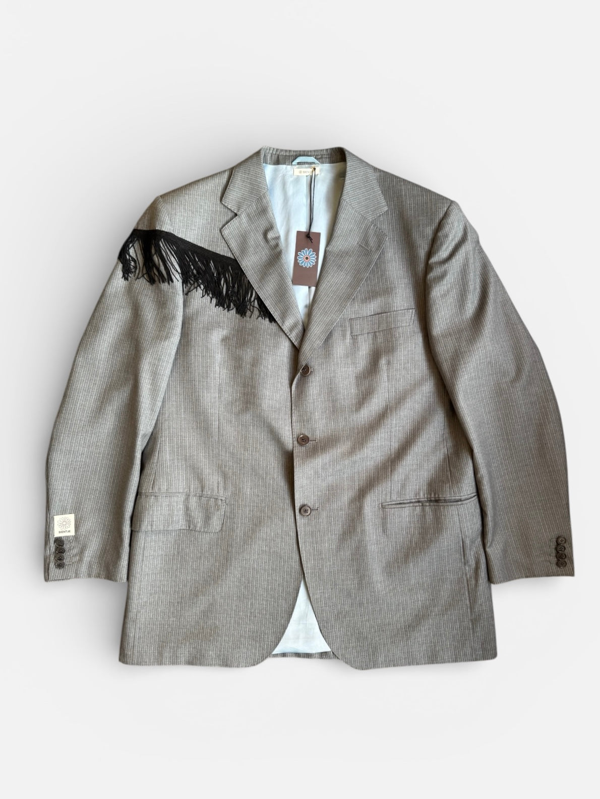 REWORK grijze, gestreepte blazer met franje