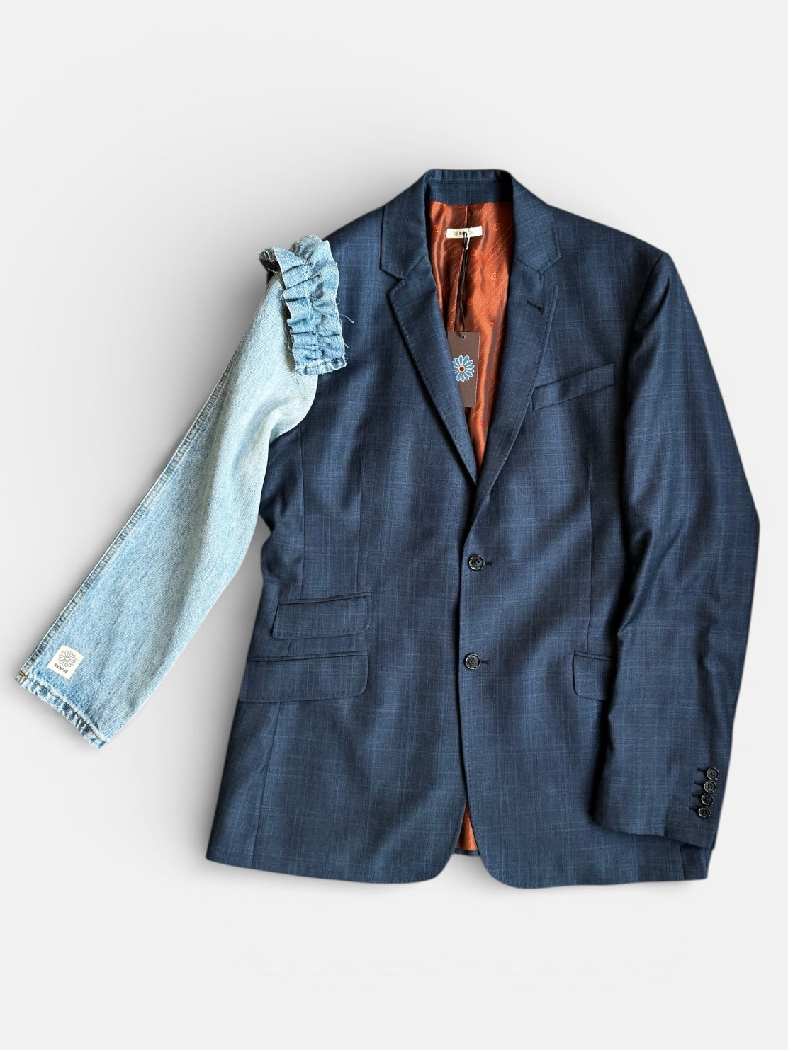 REWORK geruitte, blauwe blazer met spijkermouw