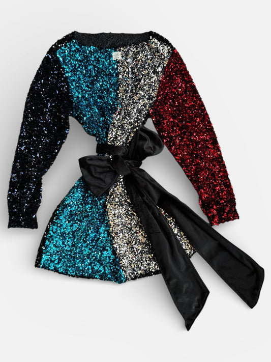 REWORK glitterjurk met pofmouwen en zwarte strik