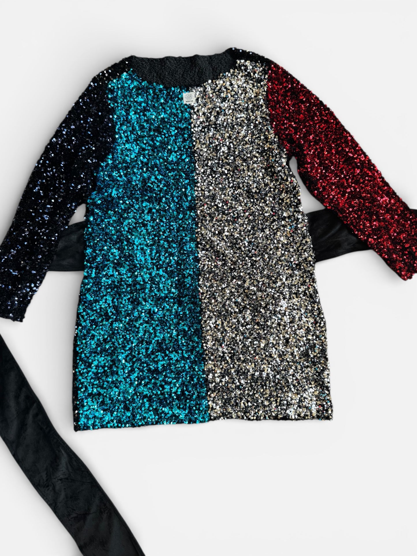 REWORK glitterjurk met pofmouwen en zwarte strik