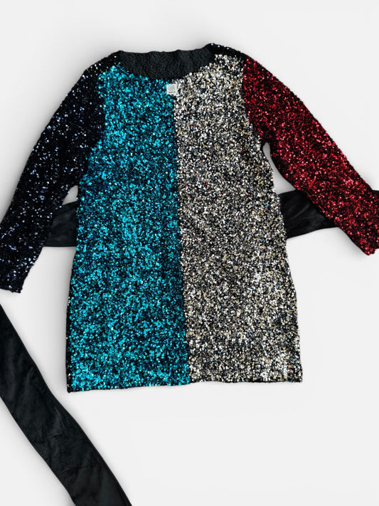 REWORK glitterjurk met pofmouwen en zwarte strik