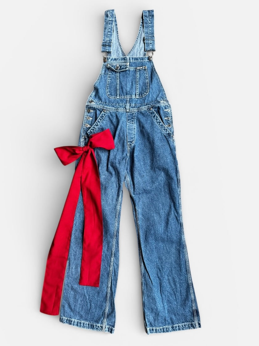 REWORK denim tuinpak met rode strik