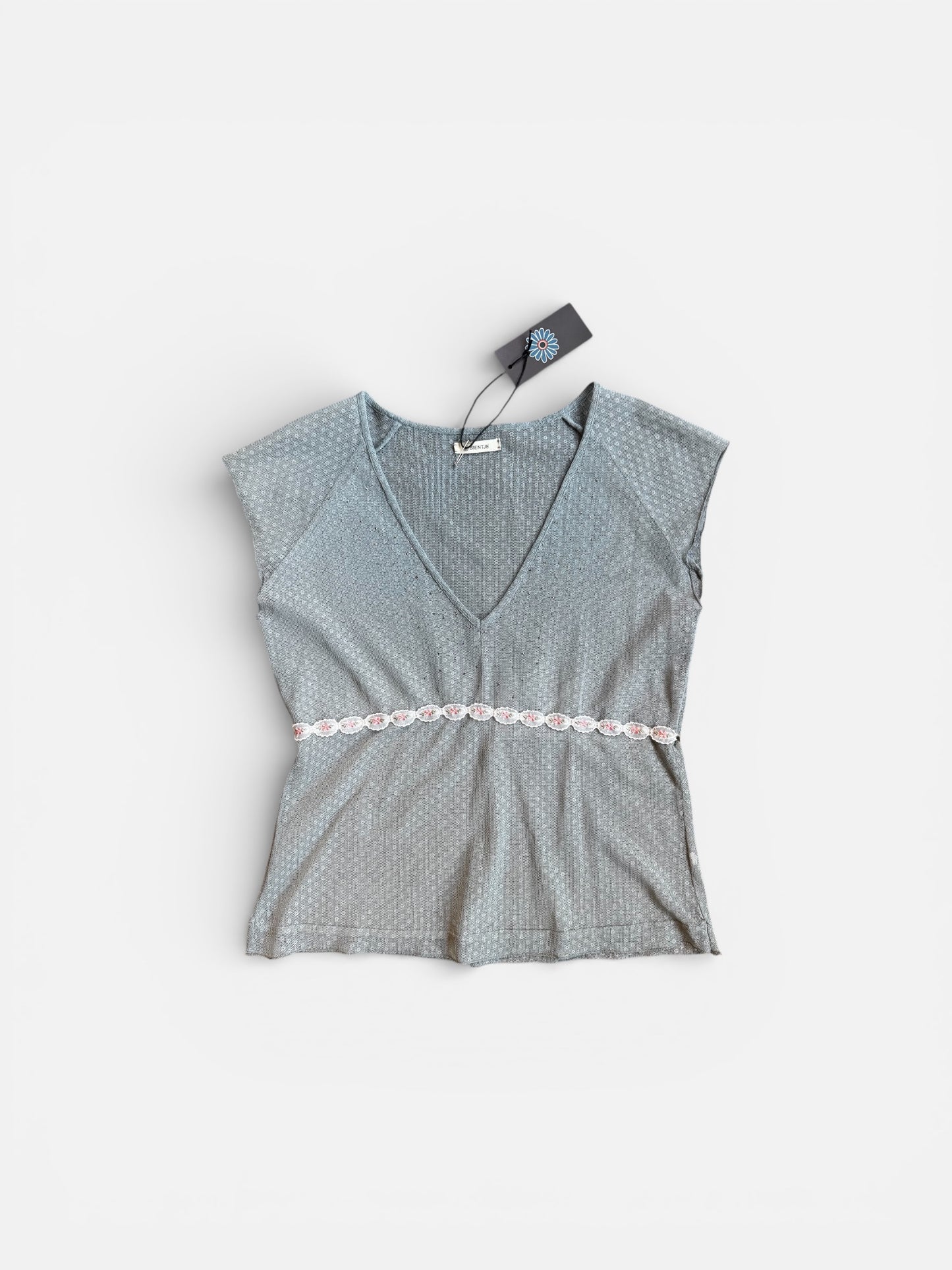 REWORK lichtblauwe top met lint en glimmertjes