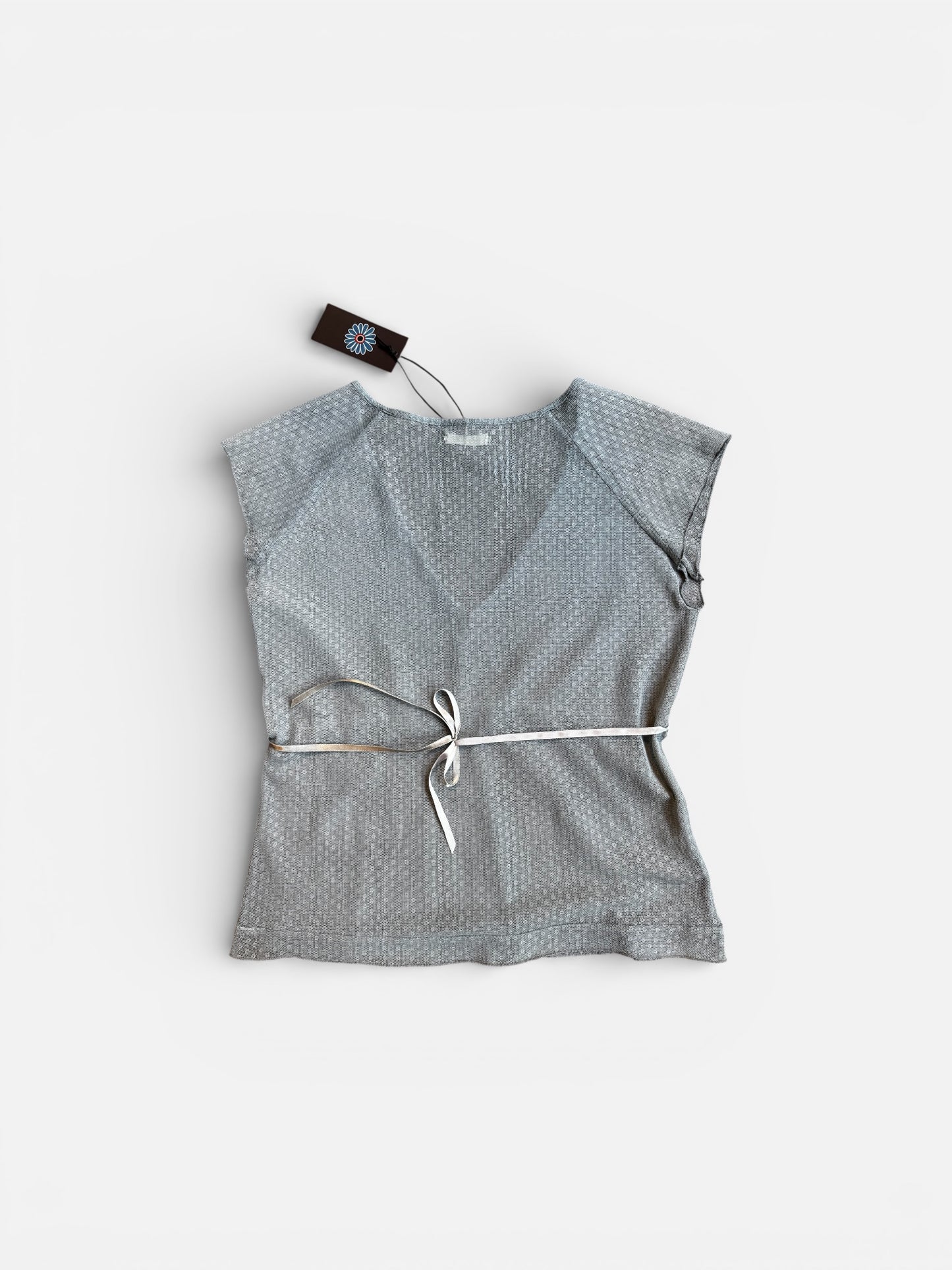 REWORK lichtblauwe top met lint en glimmertjes