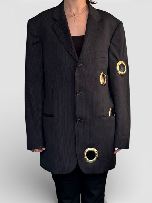 REWORK zwarte, gestreepte blazer met gaten