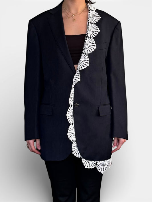 REWORK donkerblauw, gestreepte blazer met kant