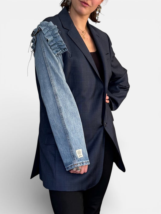 REWORK geruitte, blauwe blazer met spijkermouw