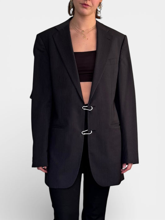 REWORK zwarte, gestreepte blazer met gespen en band