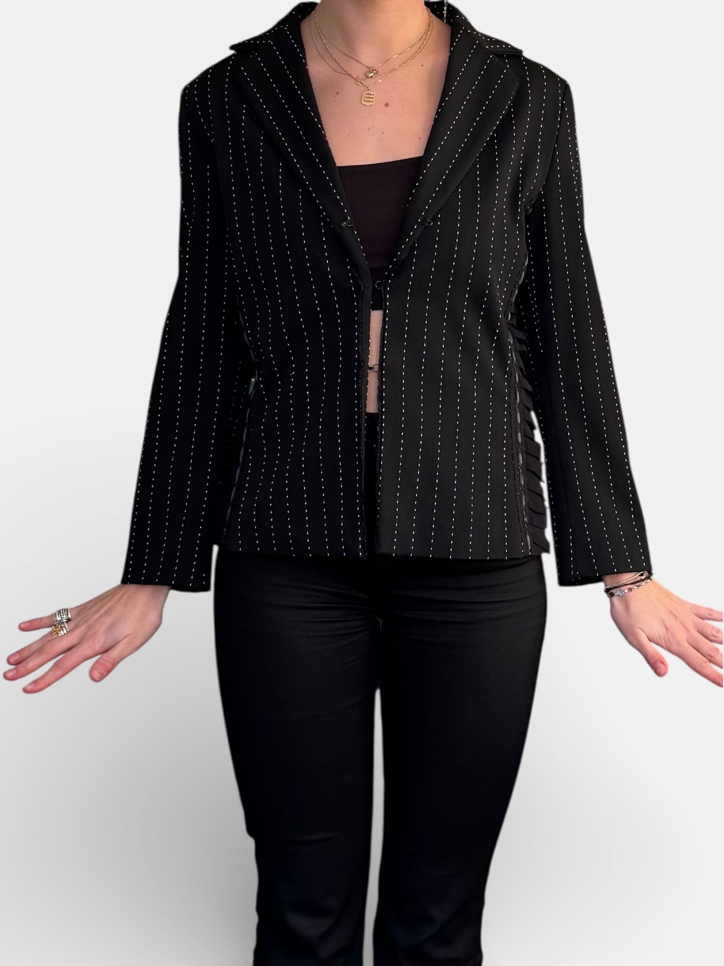 REWORK zwart, gestreepte blazer met lint en tailledetail