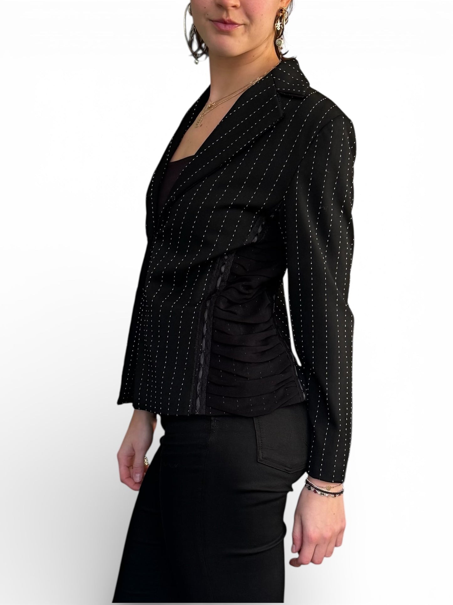 REWORK zwart, gestreepte blazer met lint en tailledetail