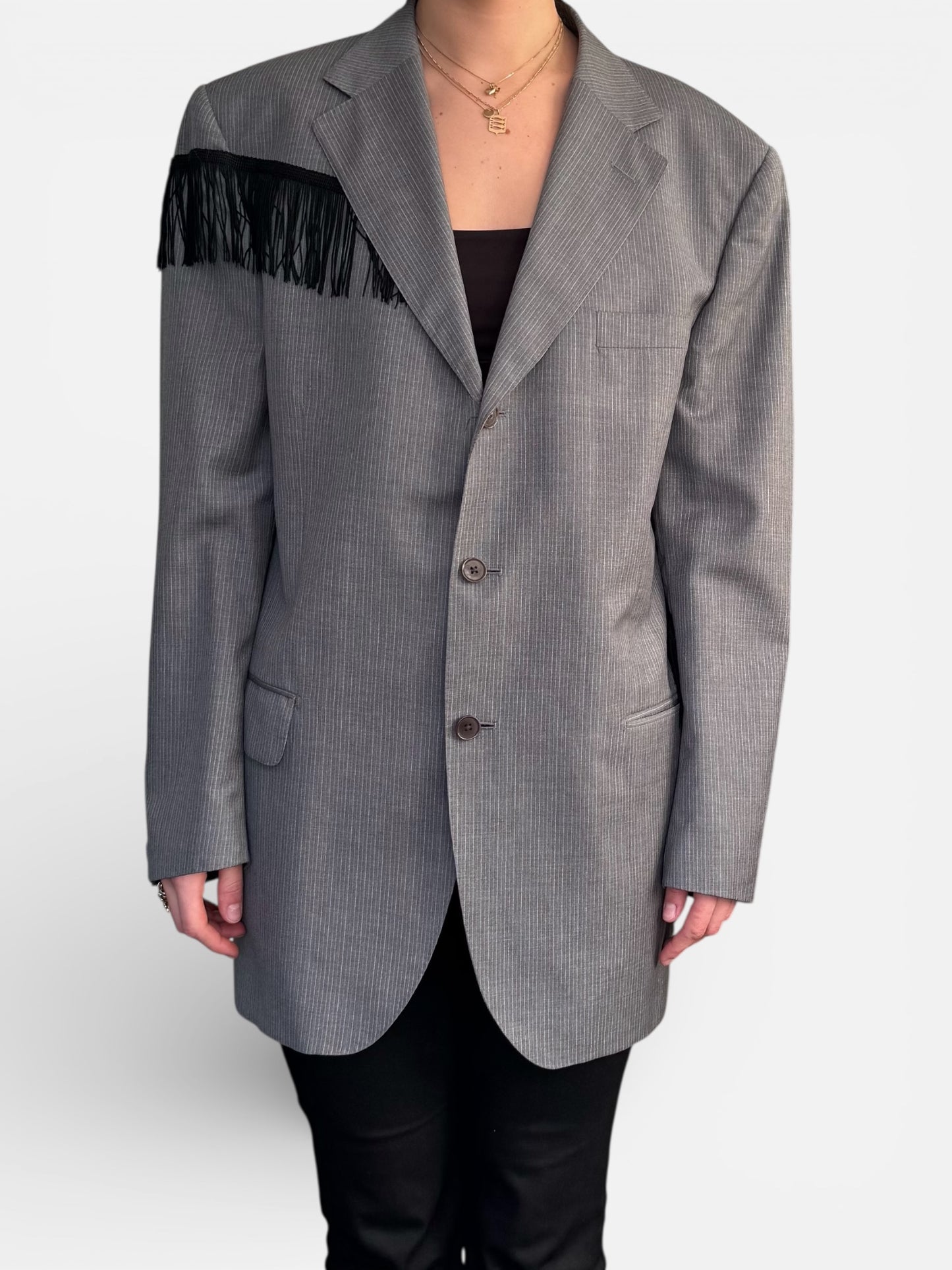 REWORK grijze, gestreepte blazer met franje