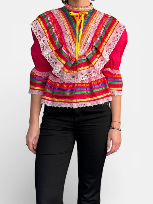 REWORK roze getailleerde top met linten en kant