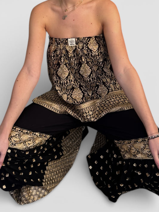 REWORK zwart rokje/top met gouden barok print