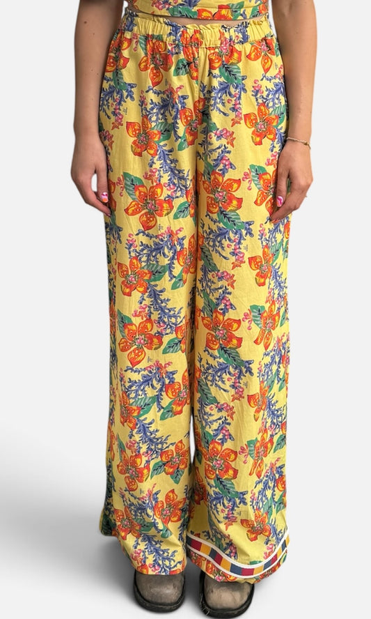 REWORK gele broek met elastiek en bloemenprint