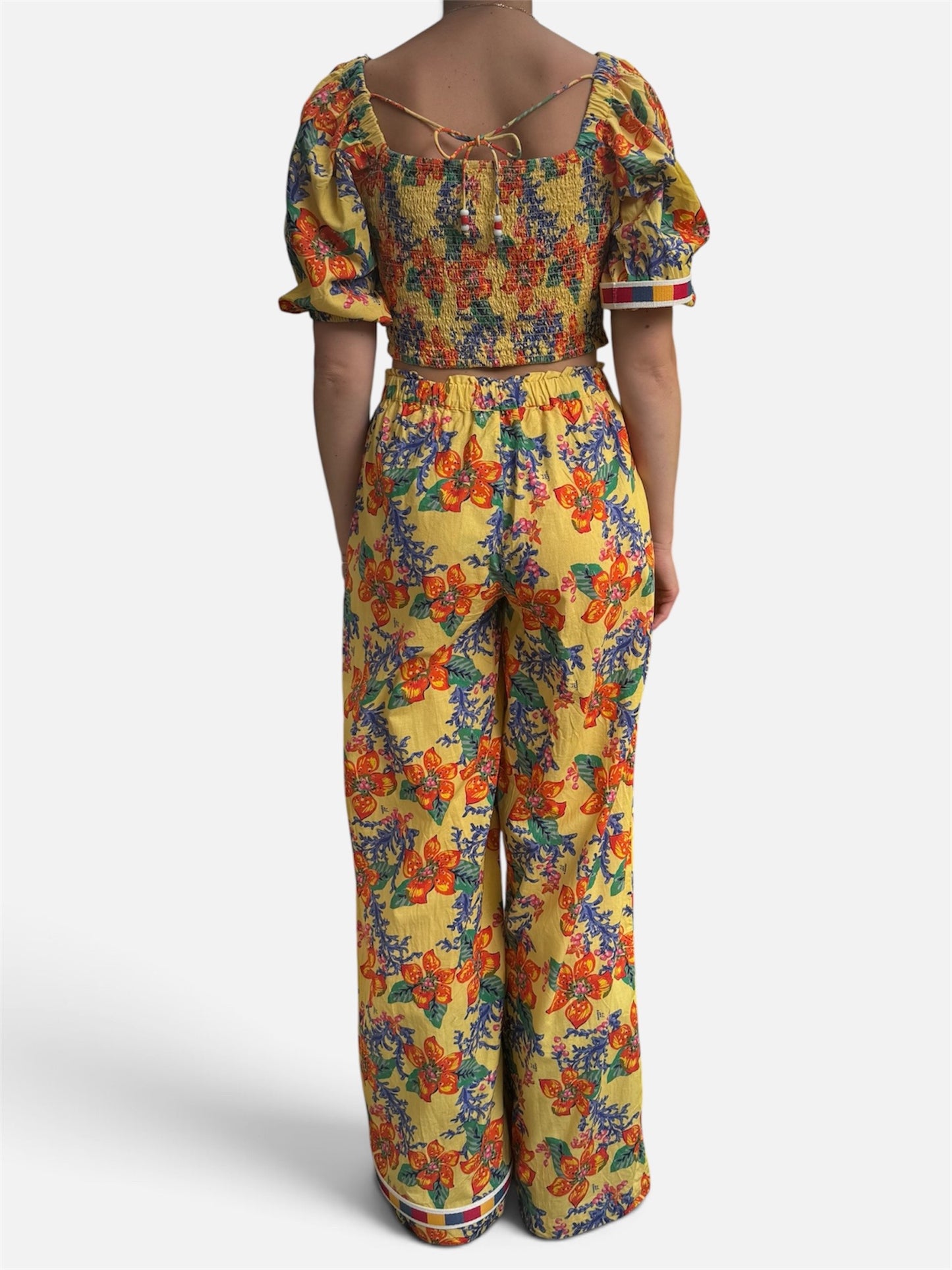 REWORK gele broek met elastiek en bloemenprint