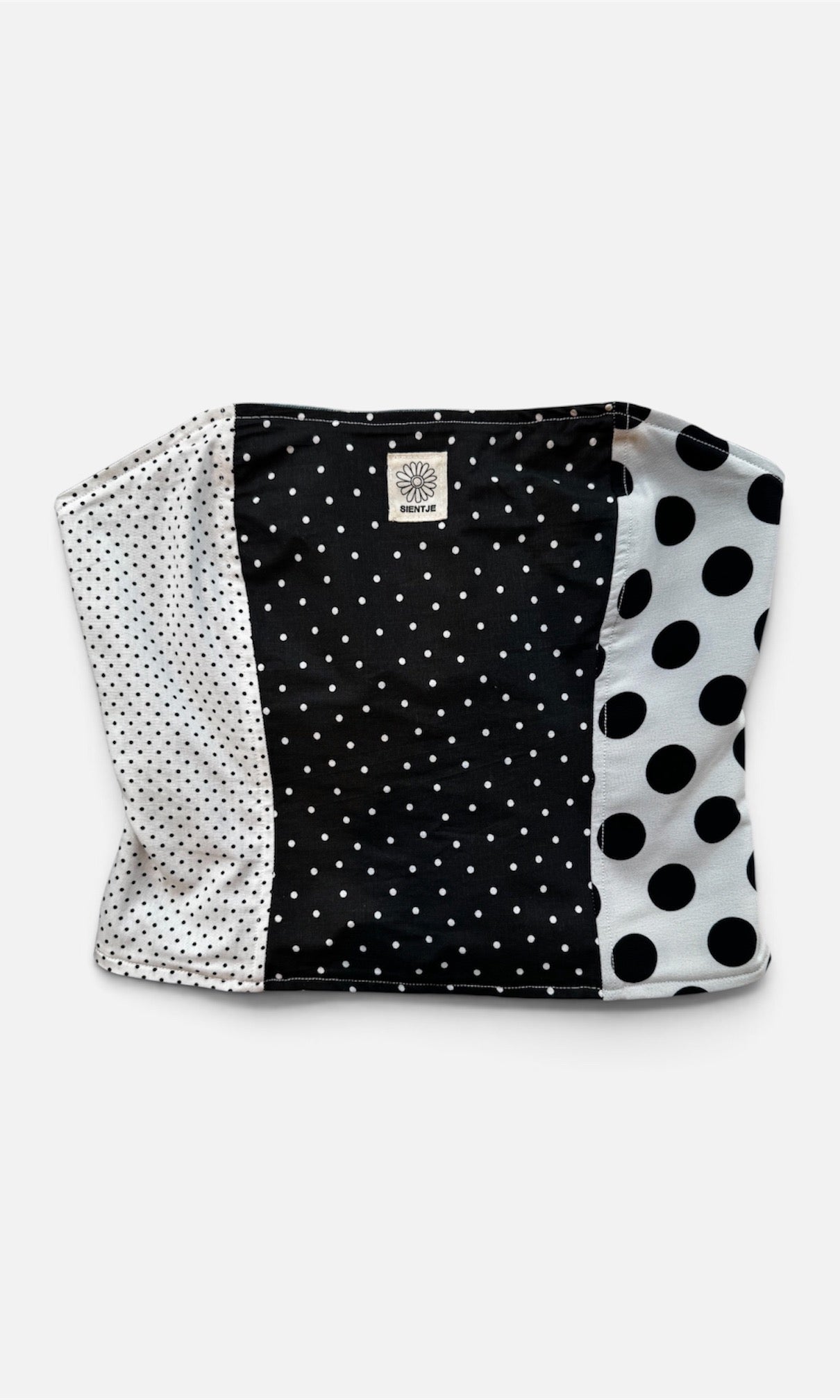 Reversible corset in stippenstof en denim