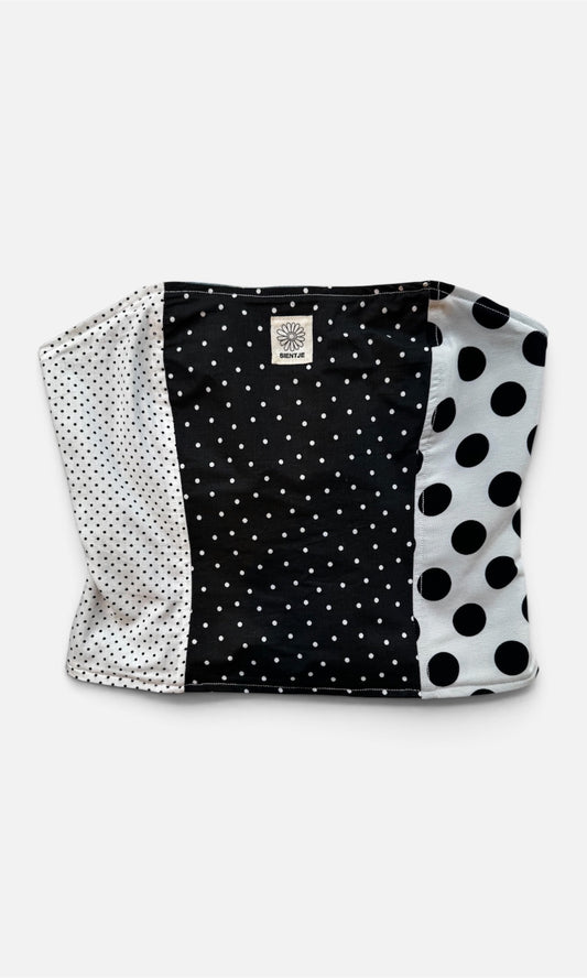 Reversible corset in stippenstof en denim