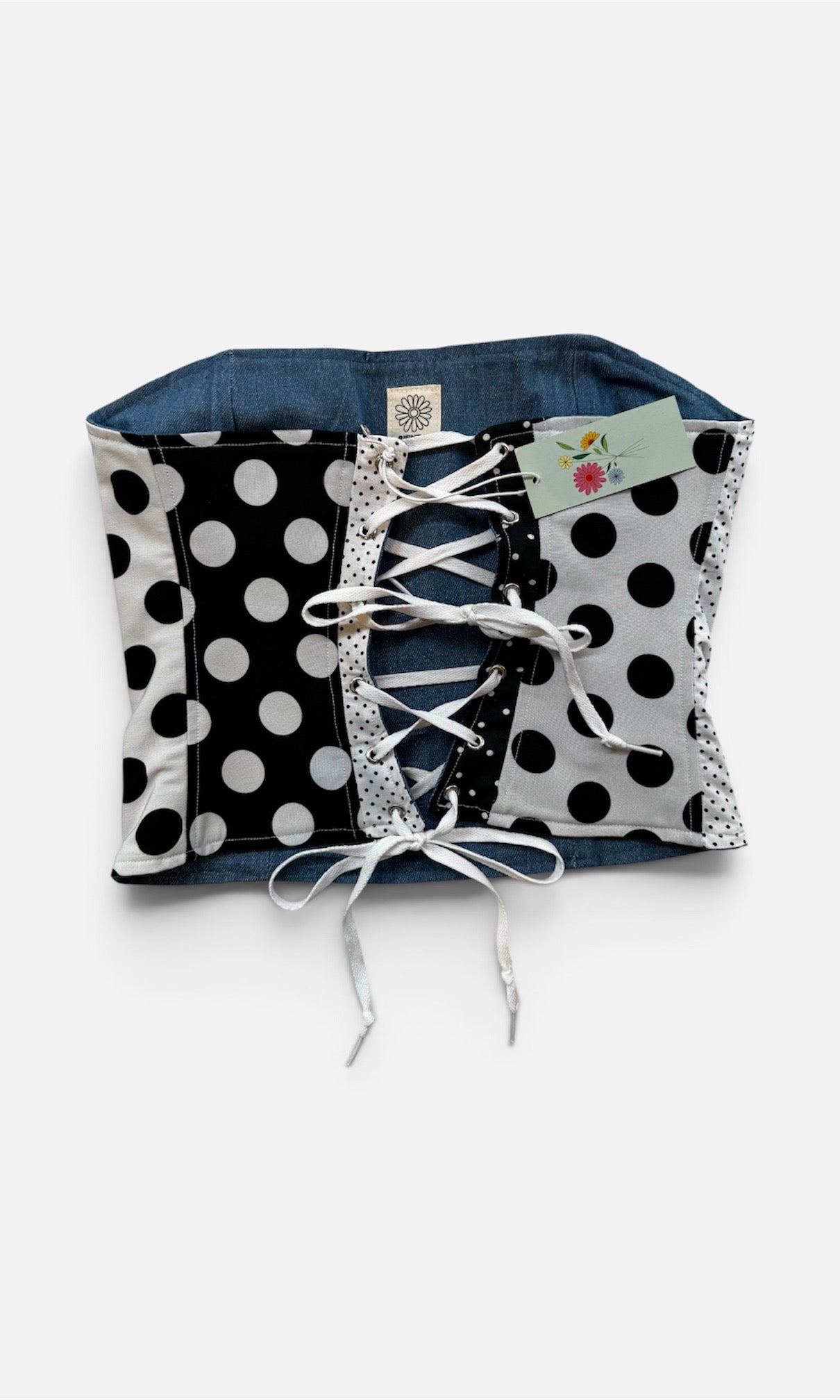 Reversible corset in stippenstof en denim