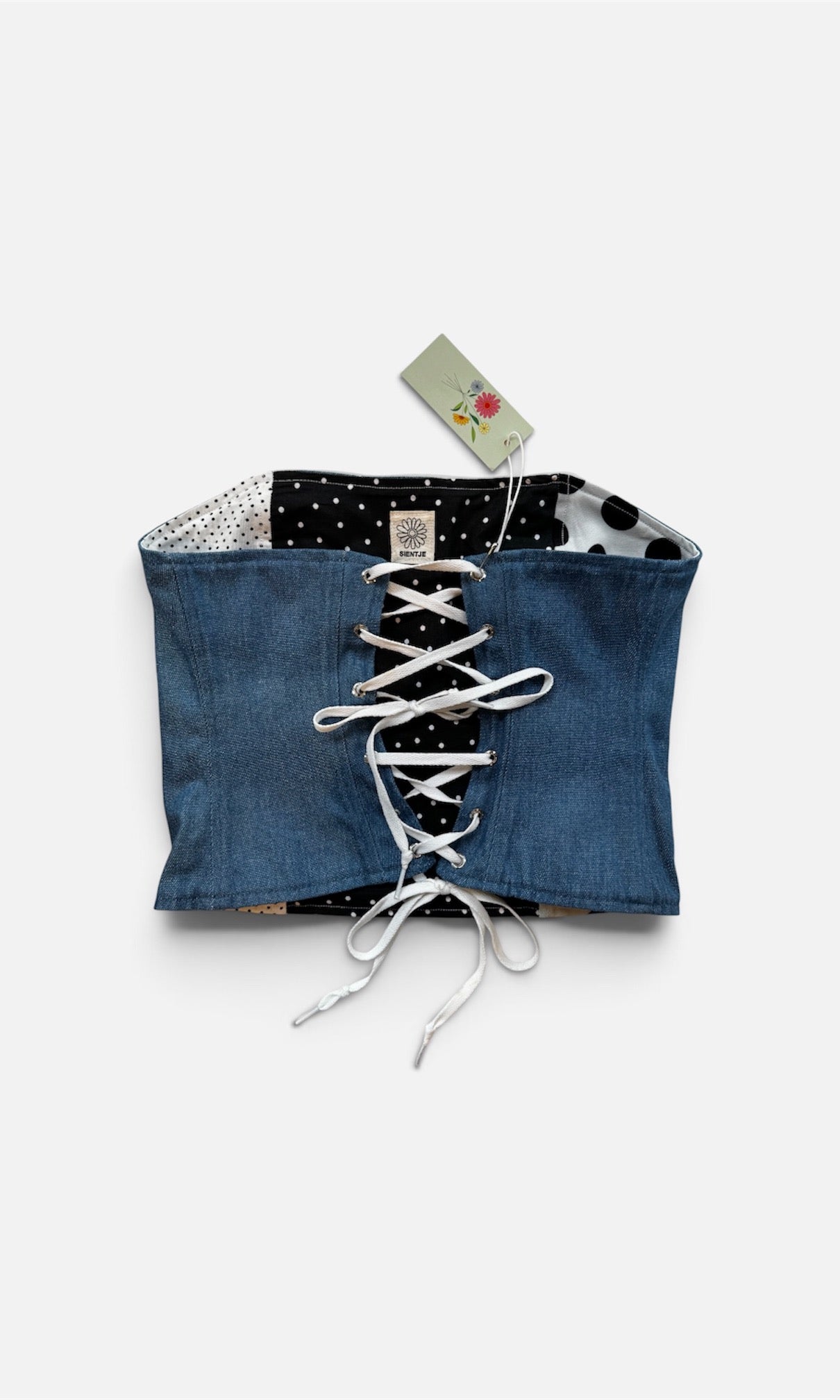 Reversible corset in stippenstof en denim