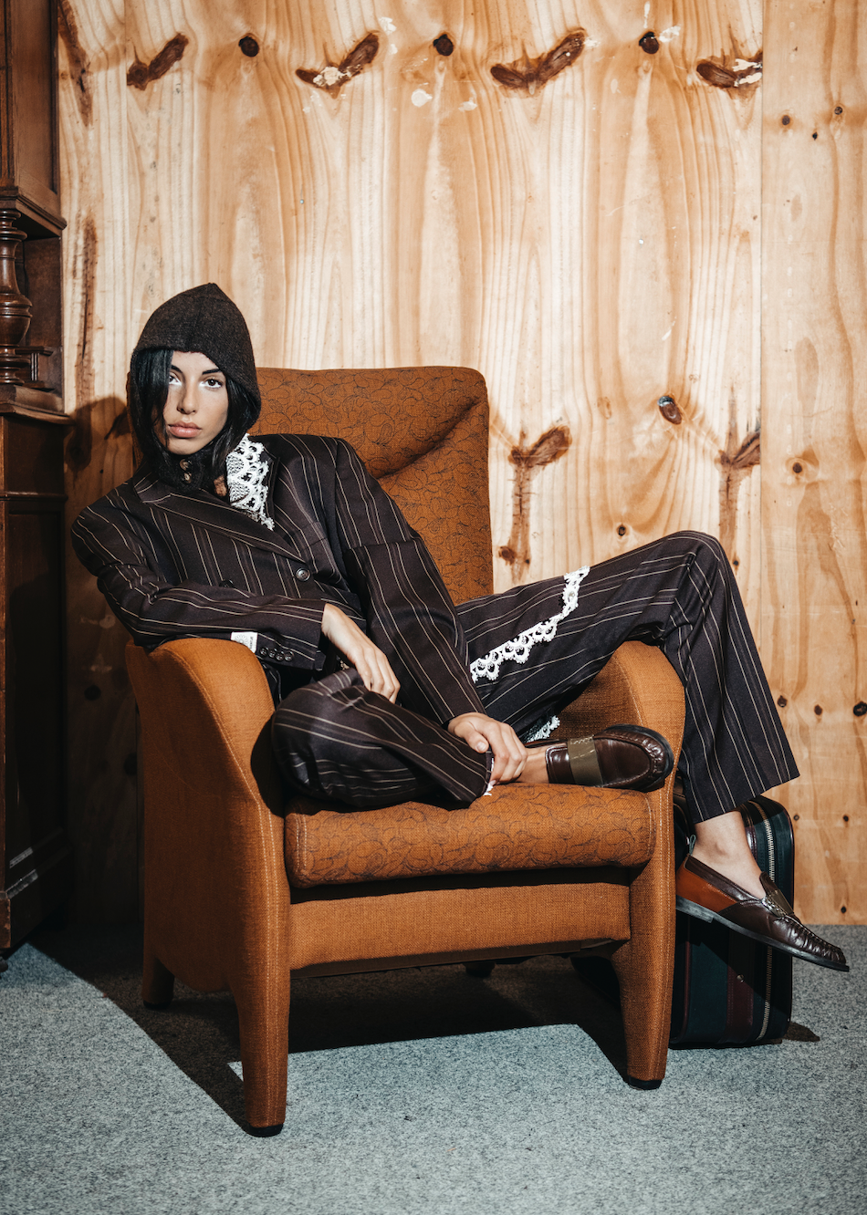 REWORK bruin gestreepte pantalon met kant