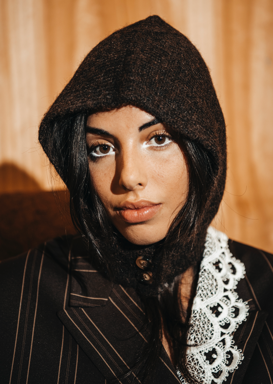 REWORK bruin, gestreepte double breasted blazer met kant