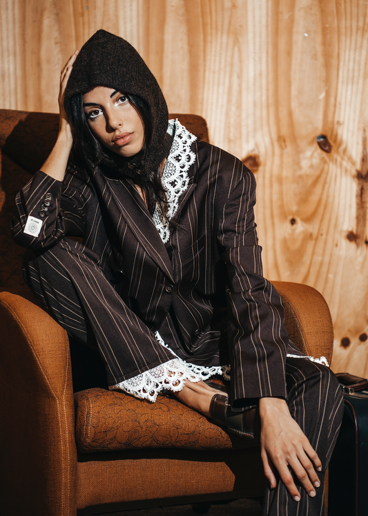 REWORK bruin, gestreepte double breasted blazer met kant