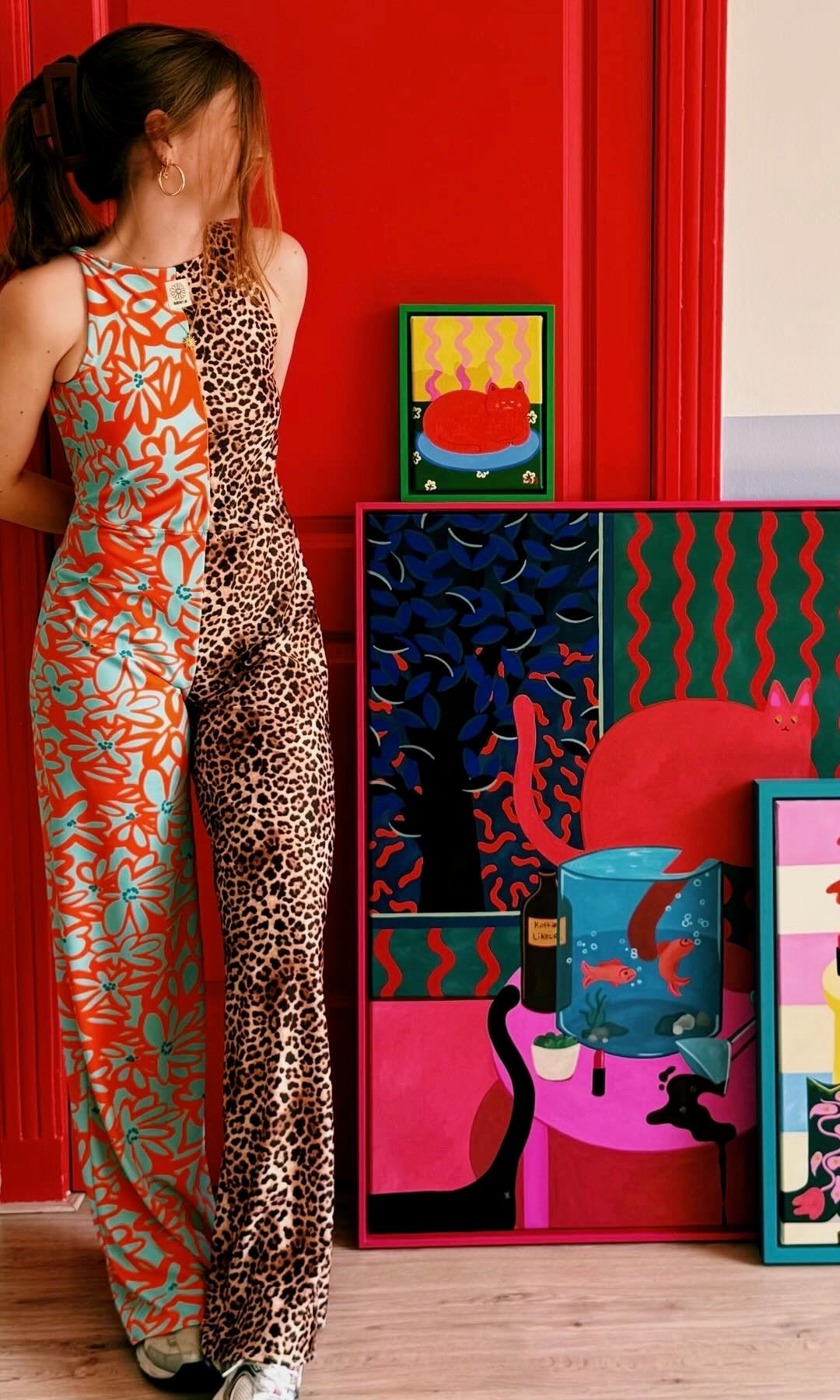 Jumpsuit open rug in panter en bloemenprint